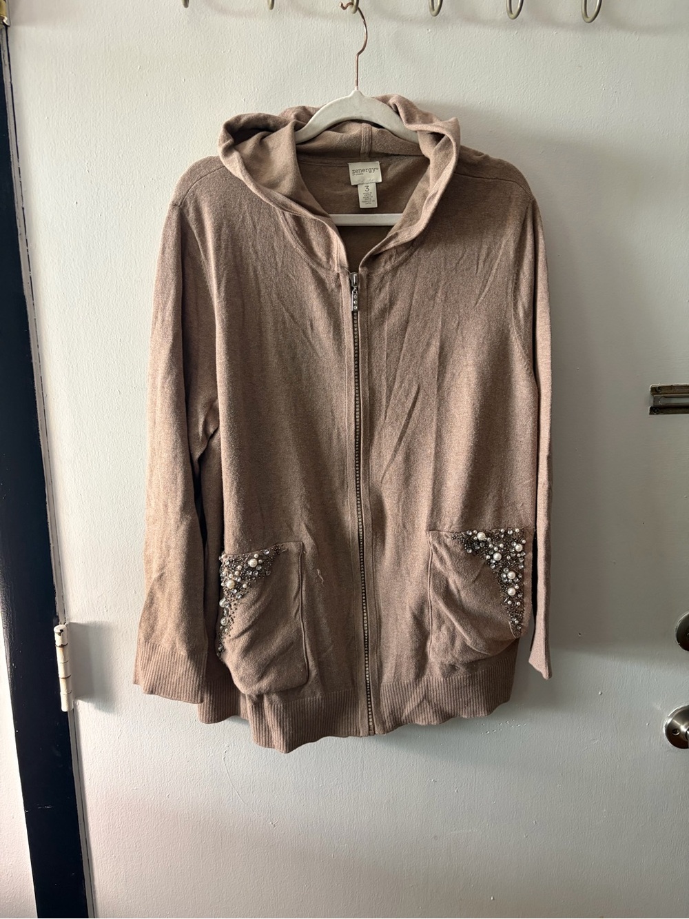 Embellished Hooded Zip Utility Jacket in Taupe Brown